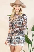 AV1230-AUBREY WESTERN RODEO SEMI SHEER MESH TOP: Light Grey/Brown / Contemporary / XL