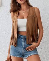Western Cowgirl Fringe Studded Vest: Caramel / M