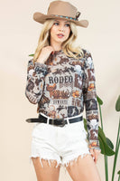 AV1230-AUBREY WESTERN RODEO SEMI SHEER MESH TOP: Light Grey/Brown / Contemporary / XL