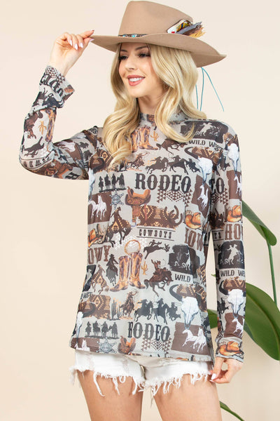 AV1230-AUBREY WESTERN RODEO SEMI SHEER MESH TOP: Light Grey/Brown / Contemporary / S