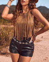 Rustic Western Fringe Cowgirl Vest: Camel / L