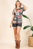 AV1205-IVY WESTERN RODEO PRINT SHORT SLEEVE T-SHIRT : Charcoal/Rust / Contemporary / L