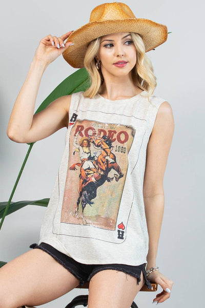 AV079-KEITH VINTAGE WESTERN GRAPHIC SLEEVELESS TOP: Oatmeal / Contemporary / L