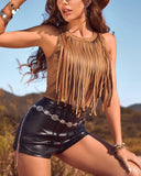 Rustic Western Fringe Cowgirl Vest: Camel / L