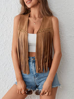 Western Cowgirl Fringe Studded Vest: Caramel / S