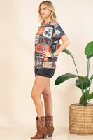 AV1205-IVY WESTERN RODEO PRINT SHORT SLEEVE T-SHIRT : Charcoal/Rust / Contemporary / L