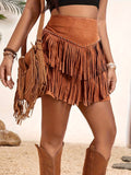 Boho Style Western Cowgirl Tassel Skirt: Brown / M