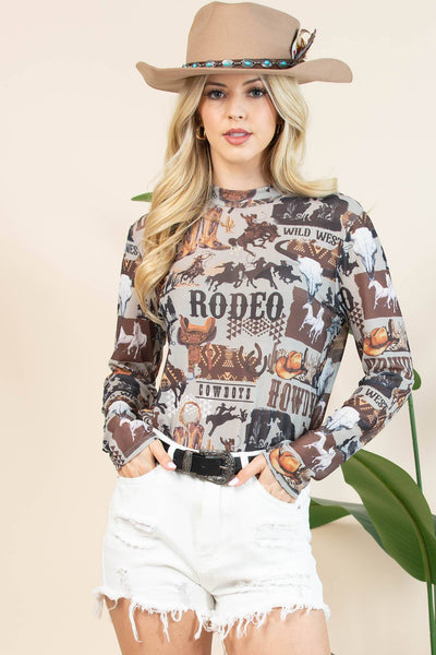 AV1230-AUBREY WESTERN RODEO SEMI SHEER MESH TOP: Light Grey/Brown / Contemporary / XL
