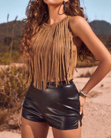 Rustic Western Fringe Cowgirl Vest: Camel / L