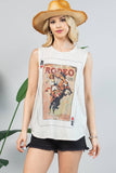 AV079-KEITH VINTAGE WESTERN GRAPHIC SLEEVELESS TOP: Oatmeal / Contemporary / L