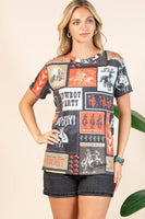 AV1205-IVY WESTERN RODEO PRINT SHORT SLEEVE T-SHIRT : Charcoal/Rust / Contemporary / S