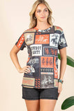 AV1205-IVY WESTERN RODEO PRINT SHORT SLEEVE T-SHIRT : Charcoal/Rust / Contemporary / XL