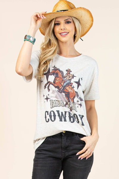 AV1205-PAMELA RIDE'EM COWBOY GRAPHIC T-SHIRT : Oatmeal/Multi / Contemporary / L