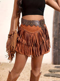 Boho Style Western Cowgirl Tassel Skirt: Brown / M