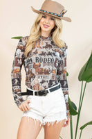 AV1230-AUBREY WESTERN RODEO SEMI SHEER MESH TOP: Light Grey/Brown / Contemporary / M
