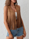 Western Cowgirl Fringe Studded Vest: Caramel / S